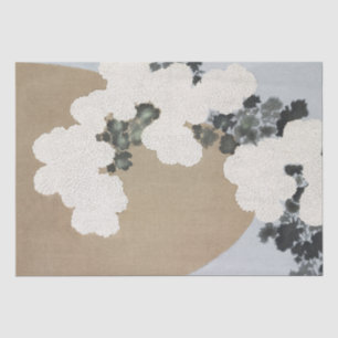 Papier Mousseline Noir avec Fleurs Dahlia Blanches sur lin Khaki