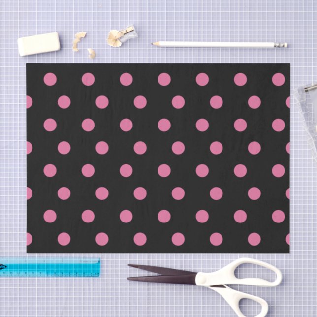 Papier Mousseline Noir avec pois roses (Artisanat)