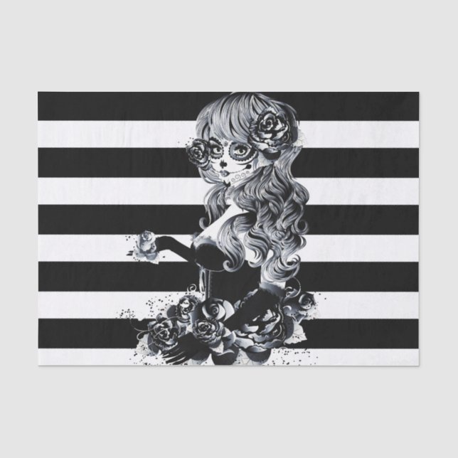 Papier Mousseline Noir & Blanc Striped Joli Crâne de sucre fille (Recto)