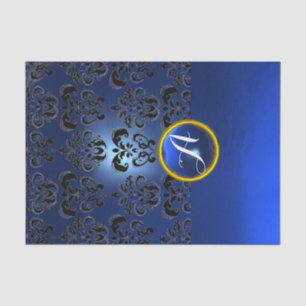 Papier Mousseline NOIR BLEU DAMAS GEMME MONOGRAMME Floral