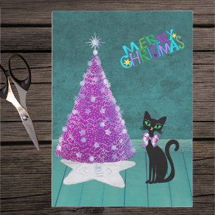 Papier Mousseline Noir Chat rose Arbre Argent Coloré Noël