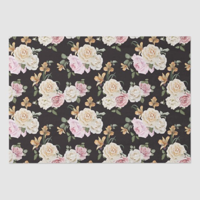 Papier Mousseline Noir chic avec bouquets floraux (Recto)