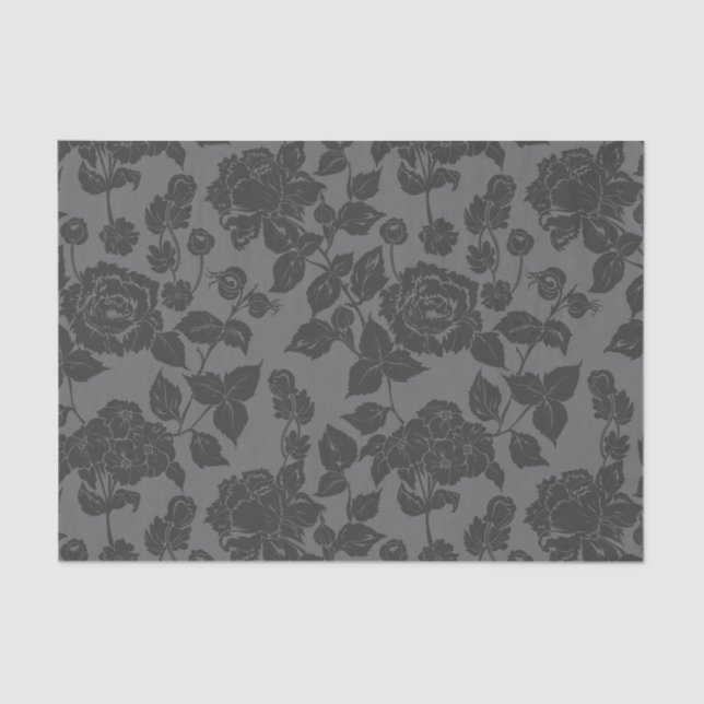 Papier Mousseline Noir sur noir Rose Damask motif floral (Recto)
