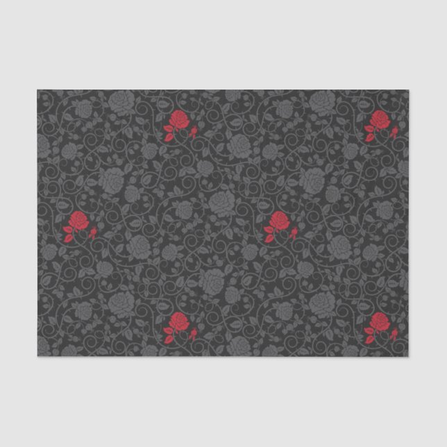 Papier Mousseline Noir sur Noir Rouge Rose moderne Damas Floral (Recto)