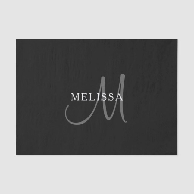 Papier Mousseline Nom élégant Monogramme | Blanc noir et gris (Recto)