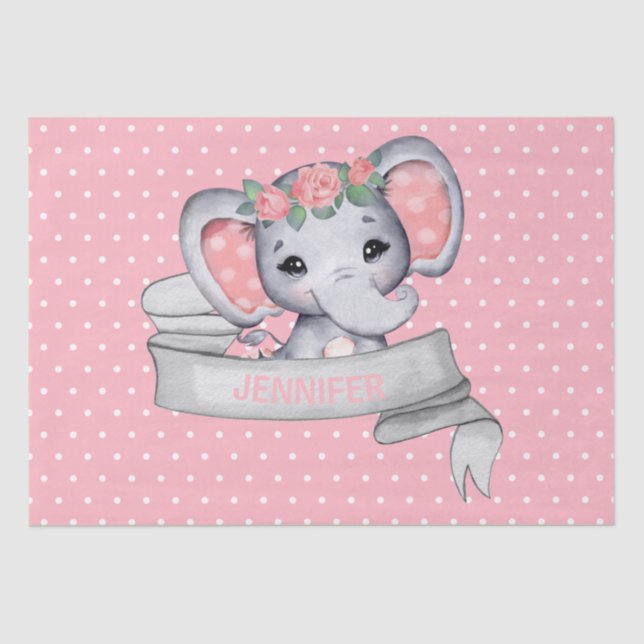 Papier Mousseline Nom personnalisé Elephant Baby Girl Rose & Grey (Recto)
