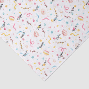 Papier Mousseline Nom sur motif printanier de Pâques aux pastels fes