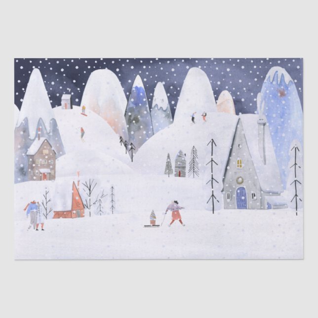 Papier Mousseline Nordic Winter Snowy Mountain Ski Village Night Sky (Recto)