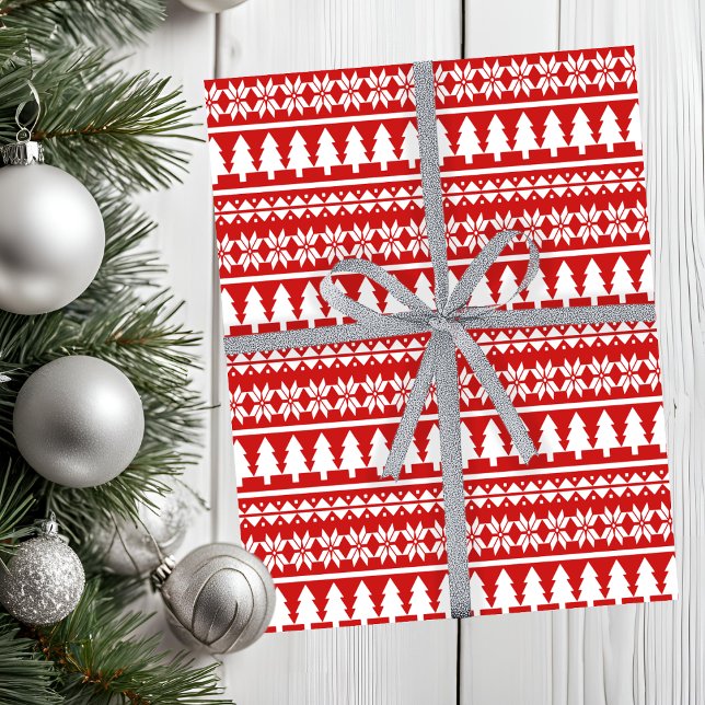 Papier Mousseline Nordique Rouge & Blanc Arbre de Noël Motif rayé (Nordic Red & White Christmas Tree Striped Pattern Tissue Paper)