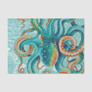 Papier Mousseline Octopus Teal Vintage Map Watercolor