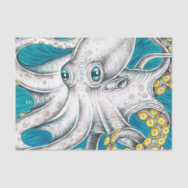 Papier Mousseline Octopus Tentacles encre turquoise verte (Recto)
