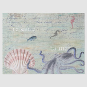 Papier Mousseline Octopus vintage Script français Ocean Collage Tiss