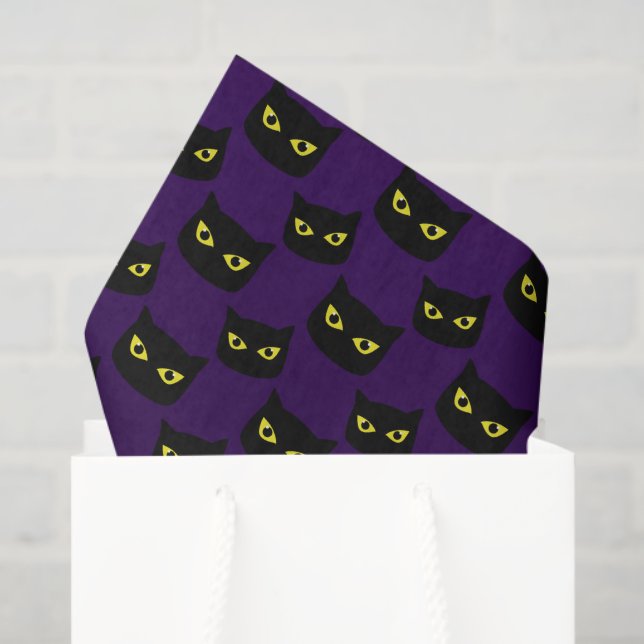 Papier Mousseline Oeil jaune de chat noir et violet motif Halloween (Sac cadeau)