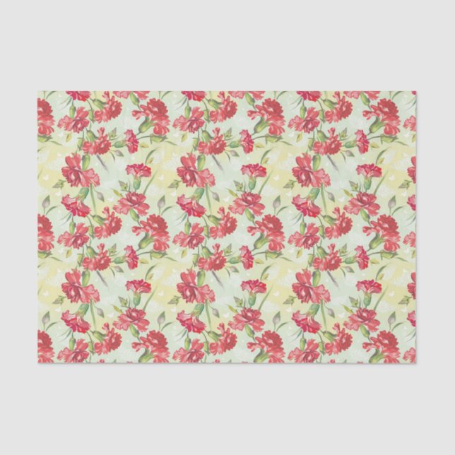 Papier Mousseline Oeillets rouges sur le vert avec des papillons (Recto)