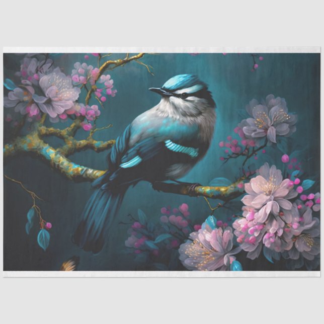 Papier Mousseline Oiseau bleu foncé Chinoiserie Fleurs de cerisiers (Recto)