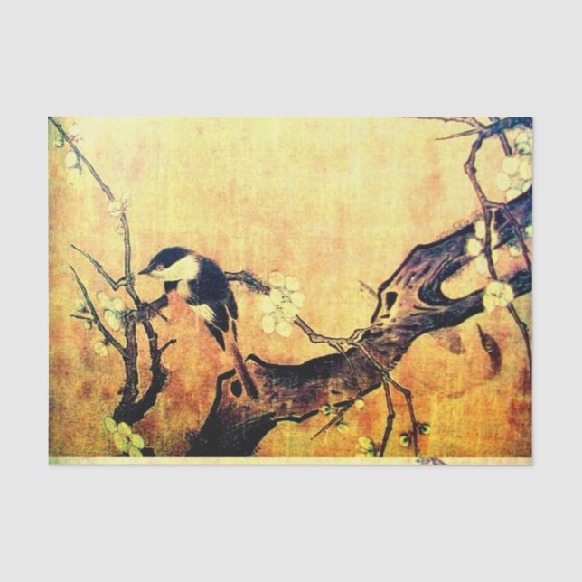 Papier Mousseline OISEAU DE PRINTEMPS ET ARBRE FLEURIER Jaune Or Bro (Recto)