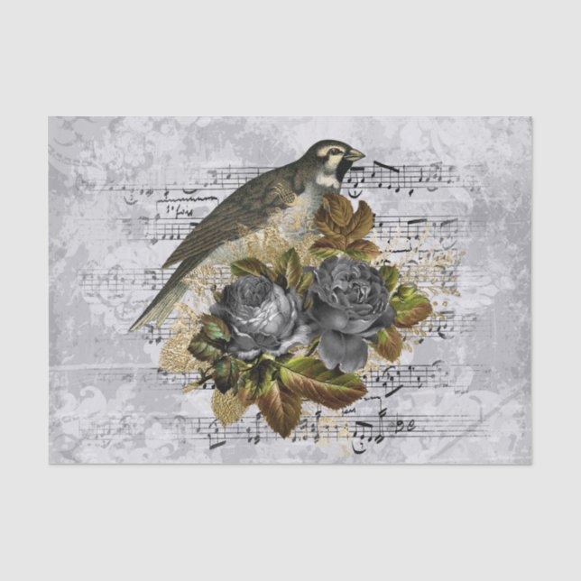 Papier Mousseline Oiseau floral neuf antique (Recto)