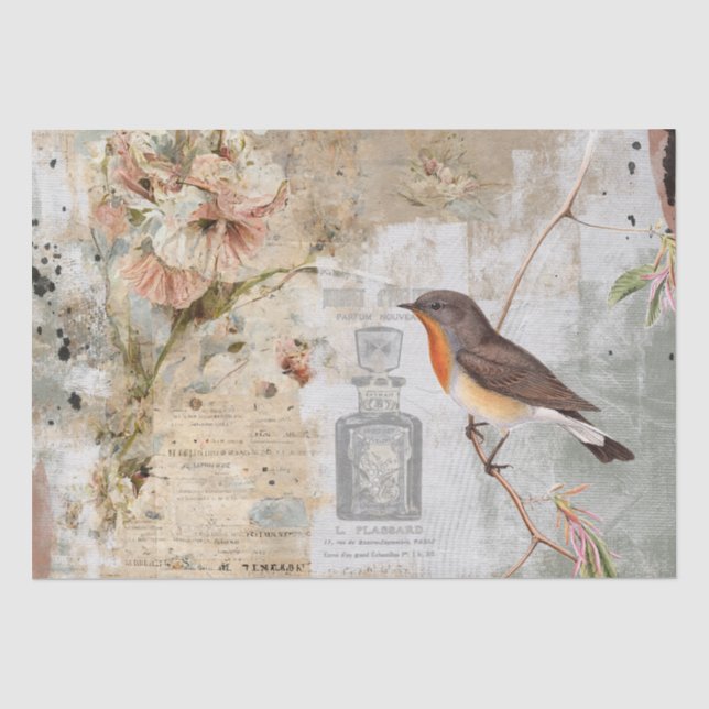 Papier Mousseline Oiseau Français Shabby Parfum Fleur Découpage Craf (Recto)