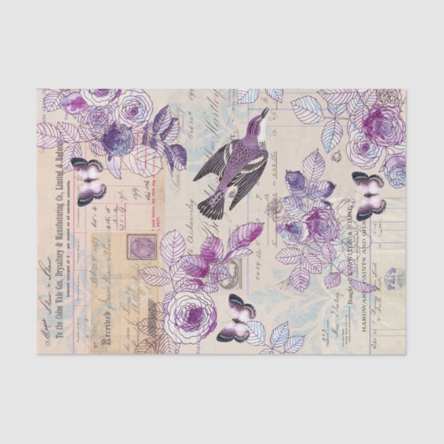 Papier Mousseline Oiseau illustré avec fleurs en colage violet (Recto)