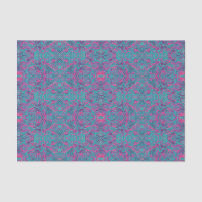 Papier Mousseline Oiseaux Arabesque Bohème Turquoise Purple Fuchsia (Recto)