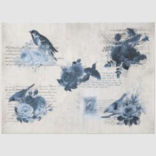 Papier Mousseline Oiseaux botaniques Fleurs bleues Vintages Découpag