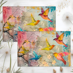 PAPIER MOUSSELINE OISEAUX COLORÉS EN VOL DÉCOUPAGE MIXTE MÉDIA