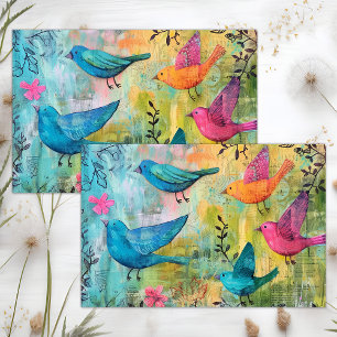 PAPIER MOUSSELINE OISEAUX COLORÉS EN VOL DÉCOUPAGE MIXTE MÉDIA