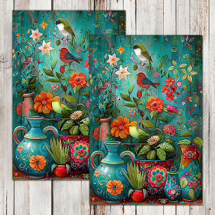 PAPIER MOUSSELINE OISEAUX COLORÉS ET FLEURS DÉCOUPAGE TISSU PAPIER