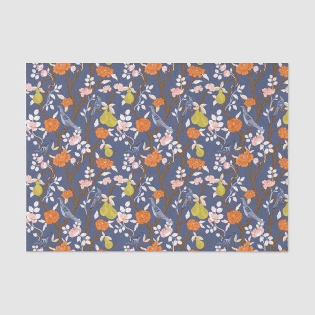 Papier Mousseline Oiseaux de la Chinoiserie Bleue et Orange (Recto)