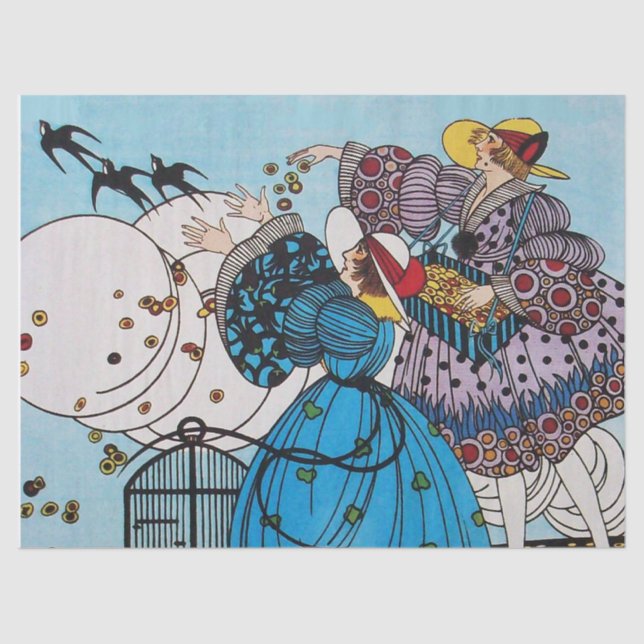 PAPIER MOUSSELINE OISEAUX DE PRINTEMPS ET DAMES, MODE DE BEAUTÉ ART  (Recto)