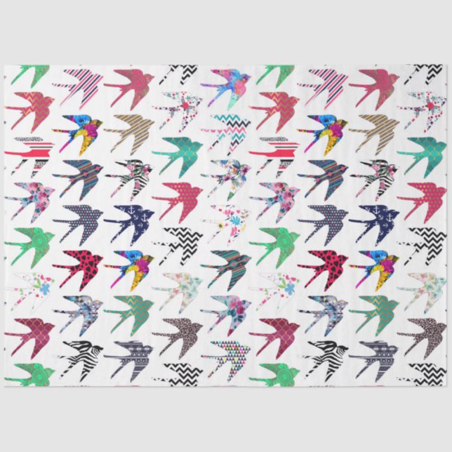Papier Mousseline Oiseaux d'hirondelle blancs colorés motif (Recto)