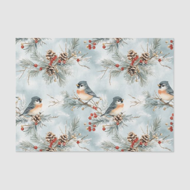 Papier Mousseline Oiseaux d'hiver Motif avec Pinecones et neige (Recto)