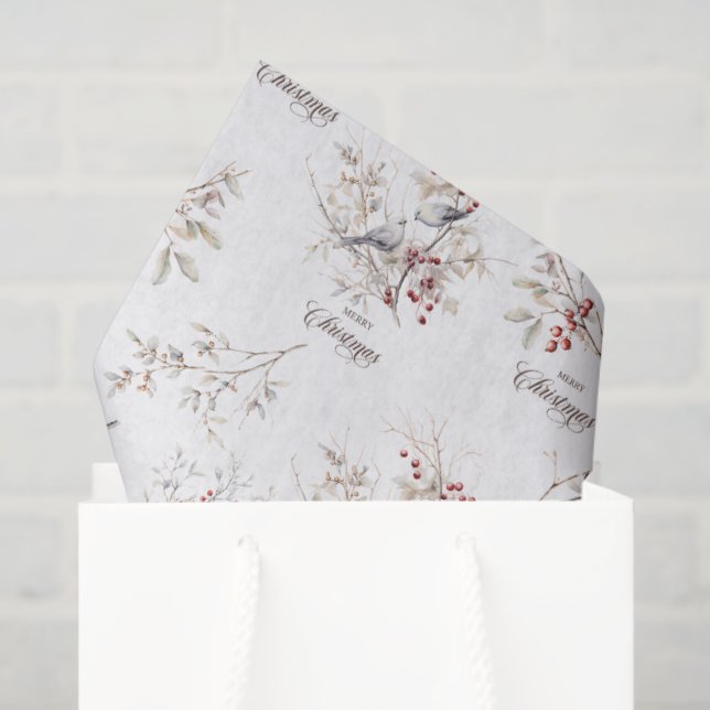 Papier Mousseline Oiseaux d'hiver simples Baies rouges Noël (Sac cadeau)