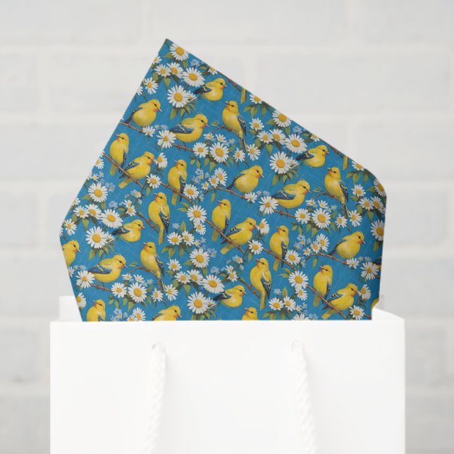 Papier Mousseline Oiseaux D'Or Jaune Sur Branches Avec Faisceaux (Sac cadeau)