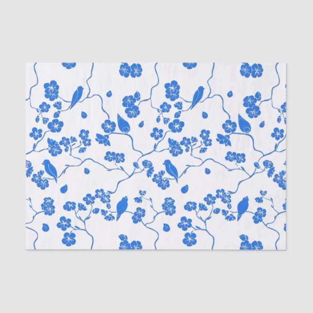 Papier Mousseline Oiseaux en fleurs de cerisiers Bleu Imprimer (Recto)