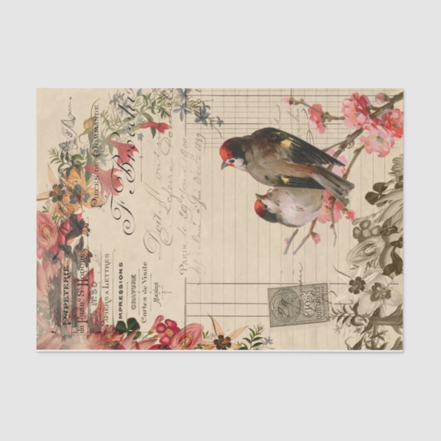 Papier Mousseline Oiseaux floraux Ephémère Découpage papier de tissu (Recto)