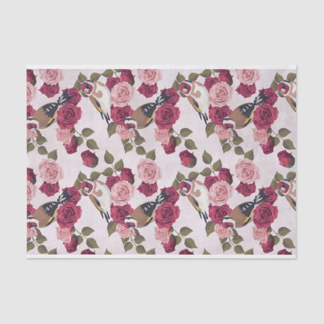 Papier Mousseline Oiseaux Goldfinch perchés sur Motif rose Roses (Recto)