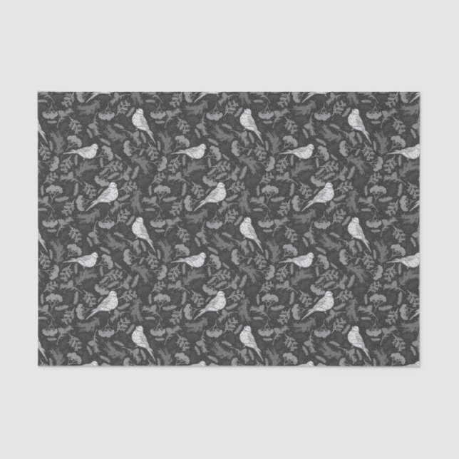 Papier Mousseline Oiseaux noirs et blancs d'hiver brillants Motif fl (Recto)