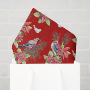 Papier Mousseline Oiseaux, Poinsettias, Épicéa Couleur Personnalisée