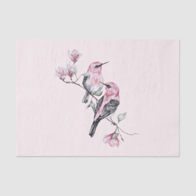 Papier Mousseline Oiseaux roses et noirs sur une branche d'arbre (Recto)