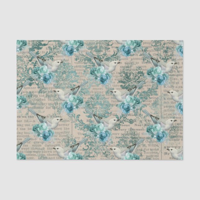 Papier Mousseline Oiseaux vintages et fleurs (Recto)