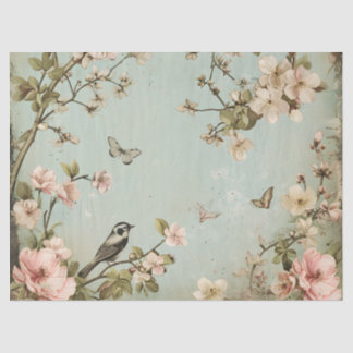 Papier Mousseline Oiseaux vintages et papillons Cerisier Fleur Arbre
