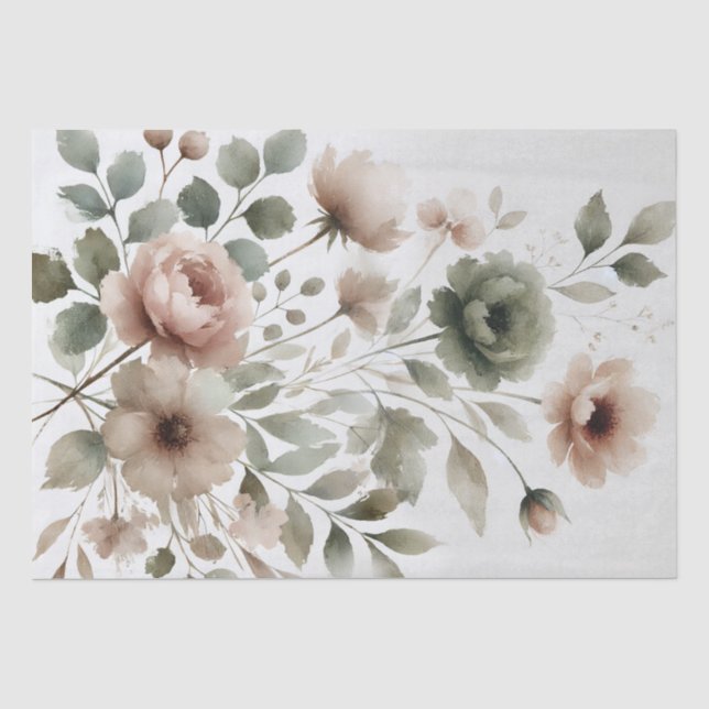 Papier Mousseline Olive et rose pâle Aquarelle Florale moderne (Recto)