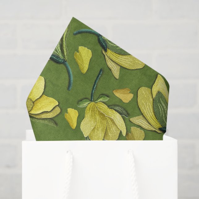 Papier Mousseline Olive Green Yellow Magnolia Flower Motif (Sac cadeau)