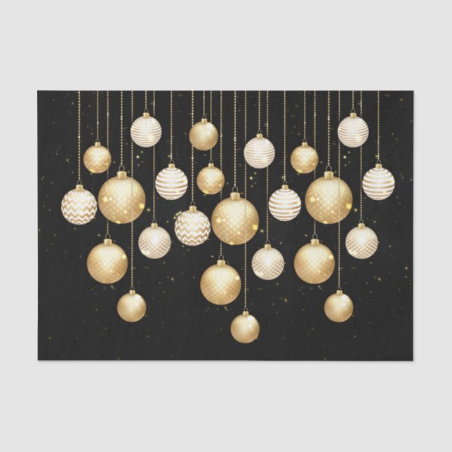 Papier Mousseline Or Baubles Arbre de Noël Ornements sur Noir (Recto)