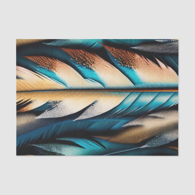 Papier Mousseline Or et plumes Turquoises (Recto)