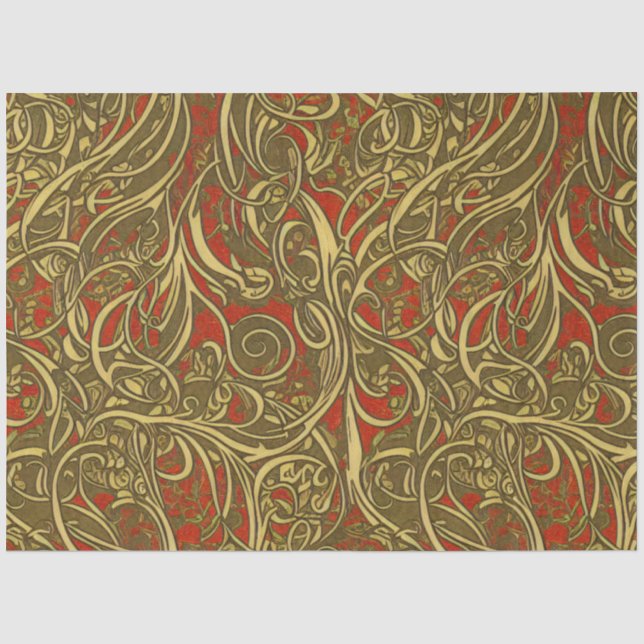 Papier Mousseline Or Festif et Rouge Ornate Celtic Swirling (Recto)