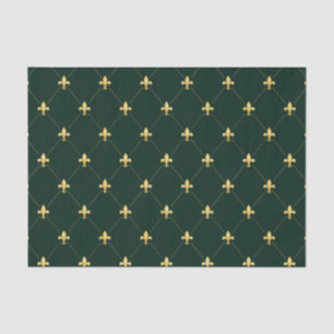 Papier Mousseline Or Fleur de Lis Vert foncé