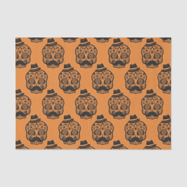 Papier Mousseline Orange Black Motif Festive Crâne Halloween fête (Recto)