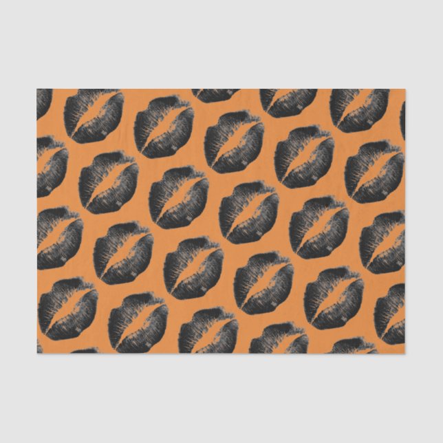Papier Mousseline Orange Black Motif Lèvres noires Halloween fête (Recto)